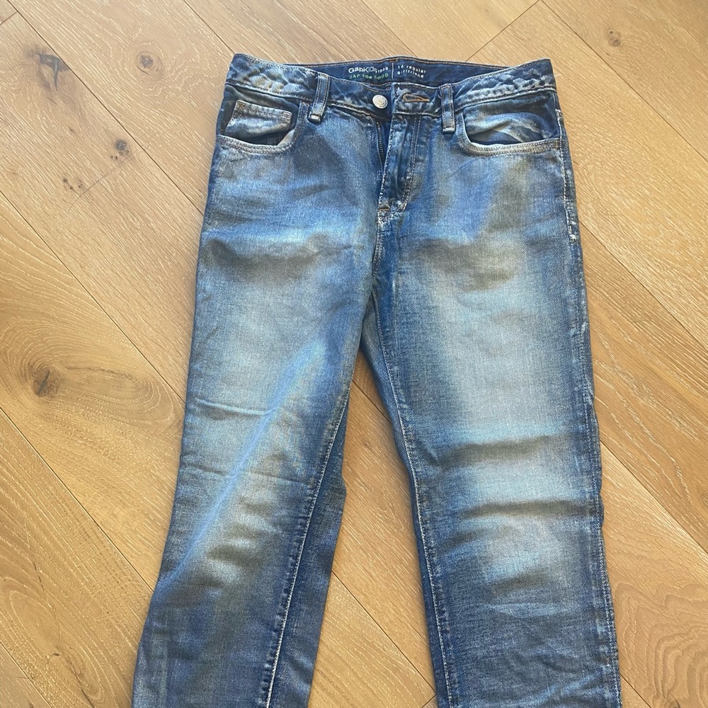 Gap girlfriend jeans size 14 with metallic finish.